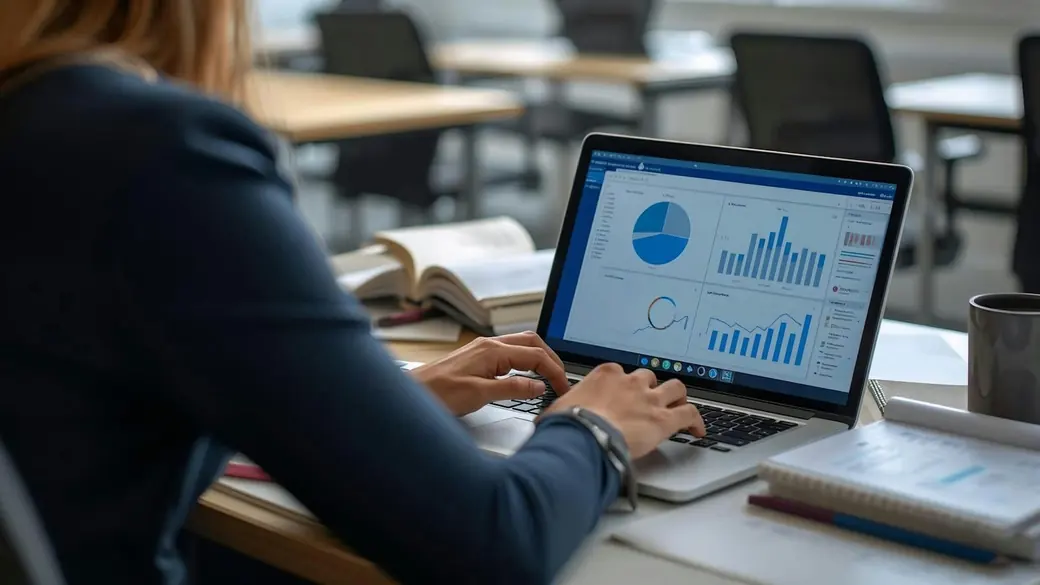 Administradora revisa un panel con gráficos en su laptop